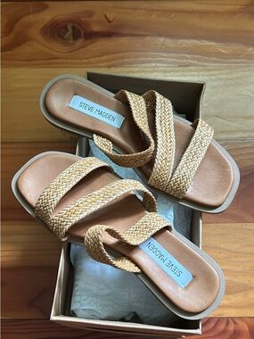 Steve Madden Women’s Braided Strap Slide Sandals — Tan